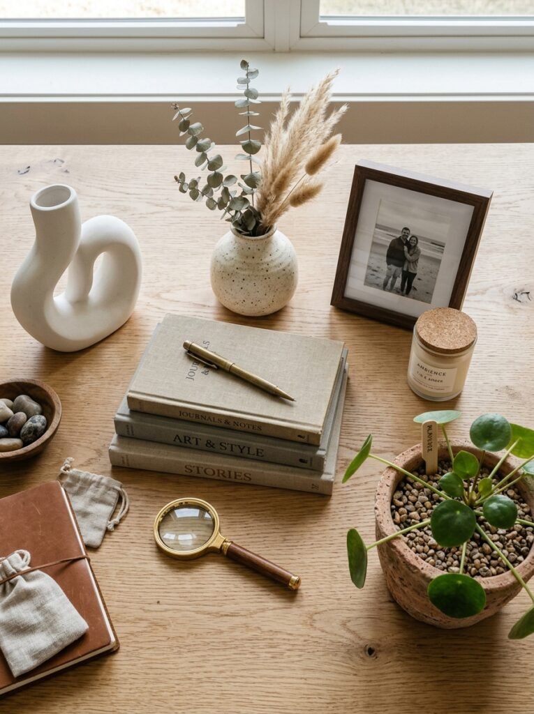 Candidate objects laid out on a table before styling, showing tall, round, flat and irregular shapes