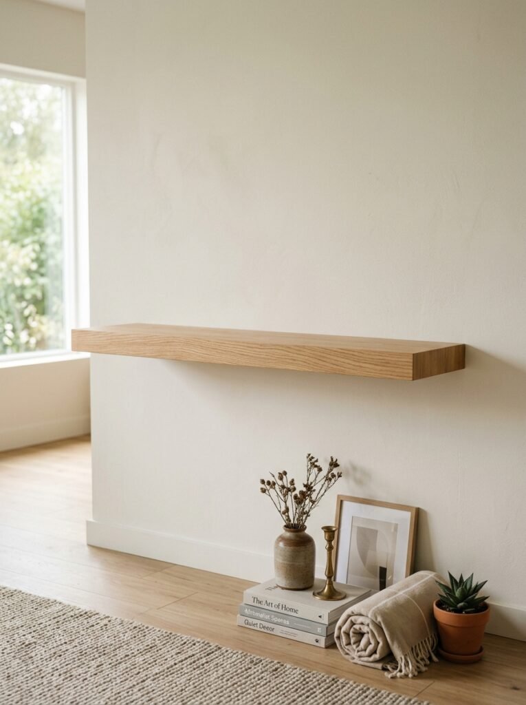 Completely emptied wooden shelving unit wiped clean and ready to be styled from scratch
