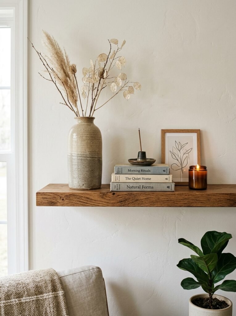 Asymmetrical shelf arrangement balancing one large pale object against a small dark one