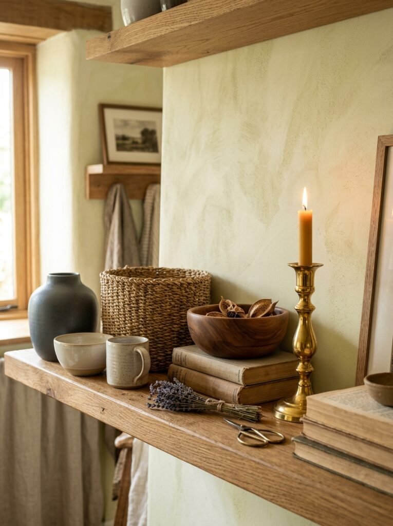 Shelf combining matte stoneware, a woven basket, warm timber and one brass accent