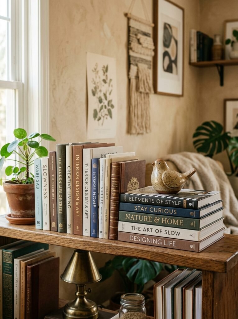 Books shelved upright against bookends beside a short horizontal stack supporting a small object