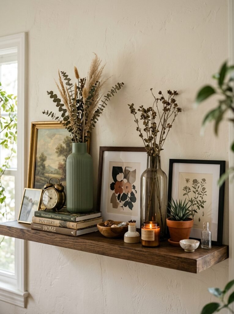 Layered shelf display with framed art leaning at the back and a smaller vase pulled forward to the edge
