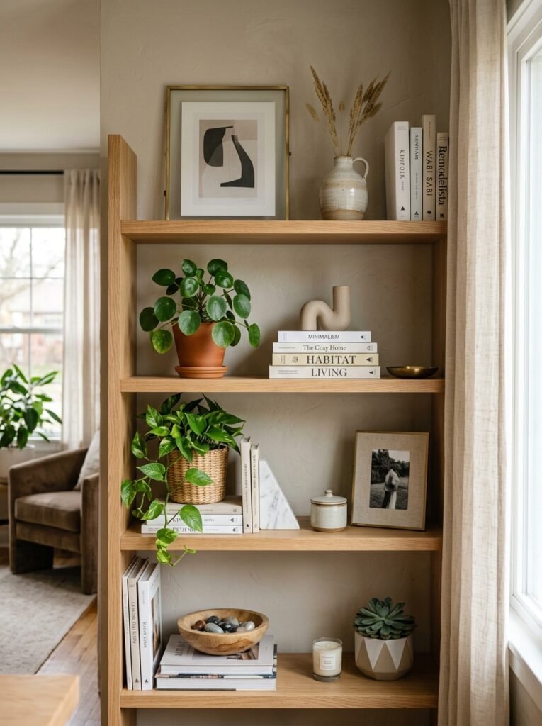 Finished shelf display showing varied shapes, staggered heights, mixed textures and generous empty space