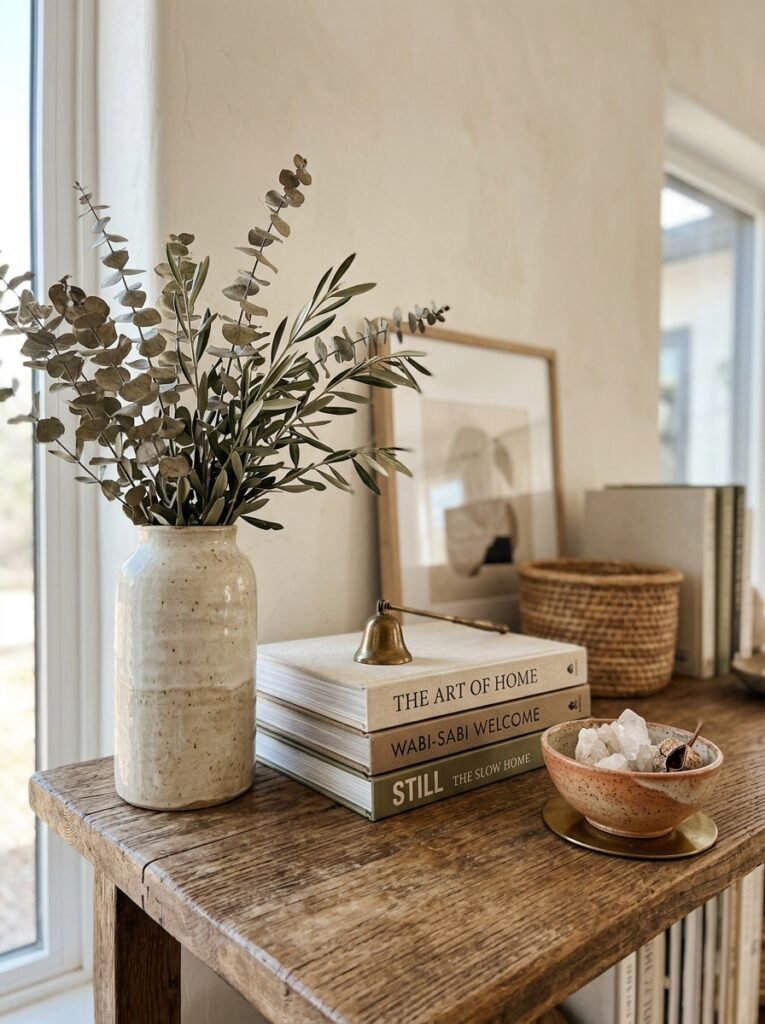Shelf vignette of three objects arranged in a descending triangle with clear space around it