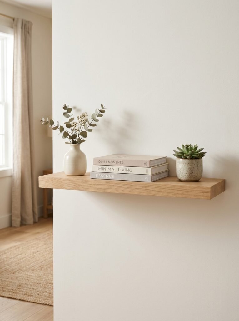 Close-up shelf vignette with a book stack, a small sculptural object and trailing greenery