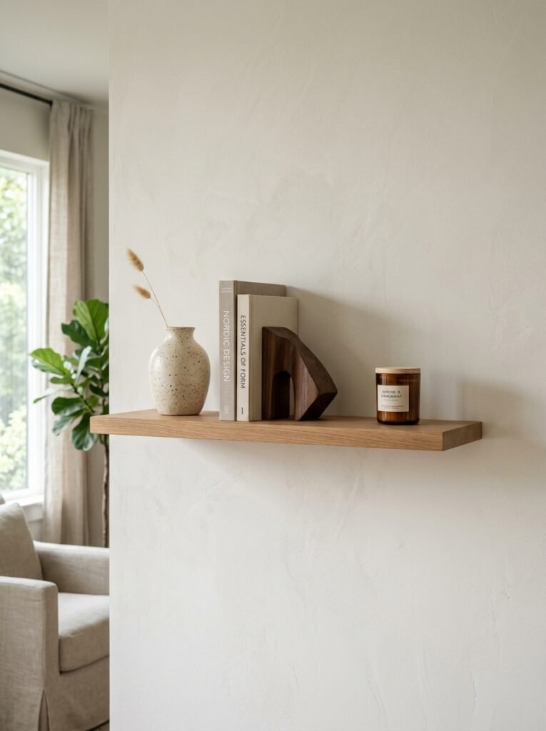 Sparsely styled shelf with generous empty gaps between objects and clear headroom above them