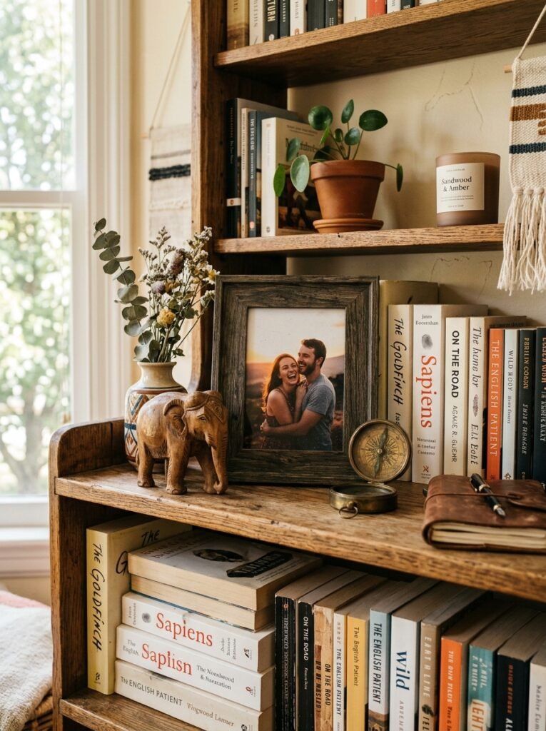 Styled shelf including a few personal objects grouped together rather than scattered across the unit