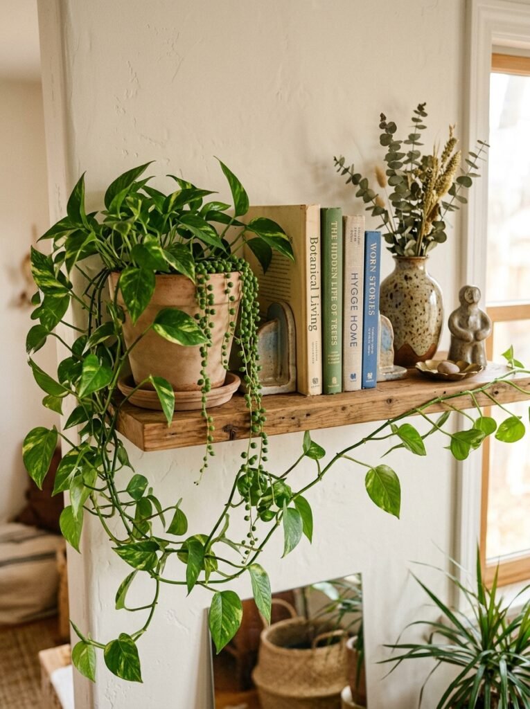 Trailing plant in a cachepot spilling over a shelf edge beside a row of books