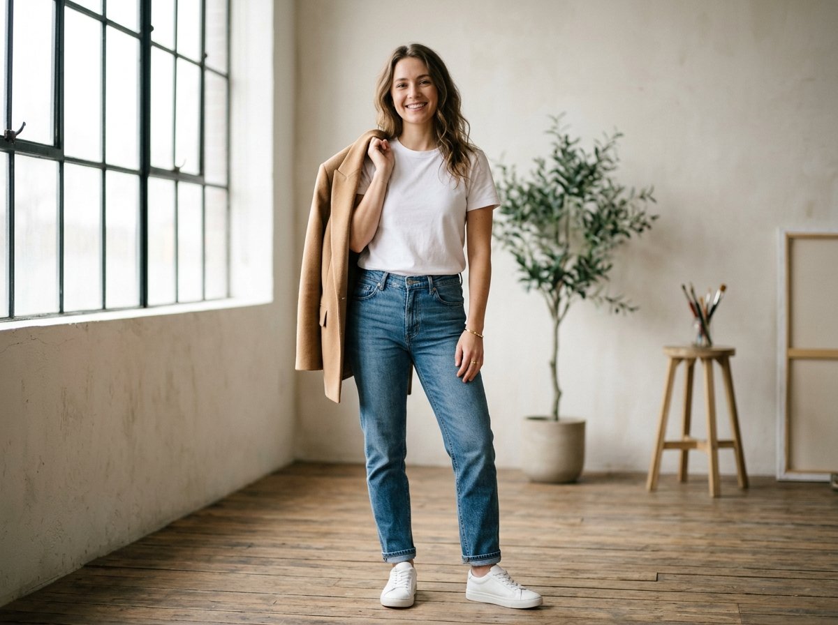 Woman in jeans and a tee adding a blazer to elevate a casual outfit Caption: One small swap is often all it takes to move a look from daytime to dressed up. Image description: A woman stands facing the camera in jeans, a plain tee, and sneakers on one side of her stance, with a tailored blazer draped over one shoulder as if mid change, low heels resting nearby.