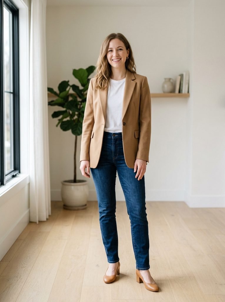 Woman wearing a camel blazer over a white tee and jeans with low heels