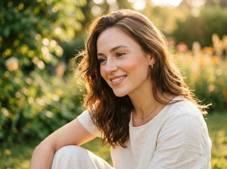 Woman with dewy sun kissed skin and soft blush outdoors in summer light