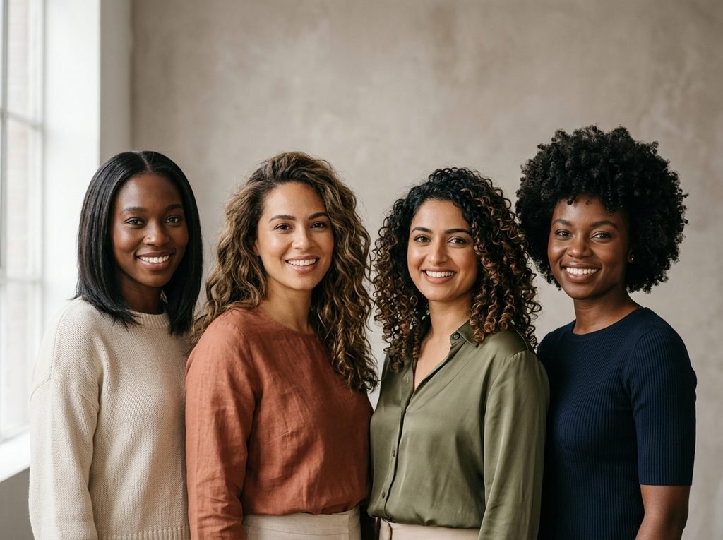 Four women with straight, wavy, curly and coily hair styled naturally